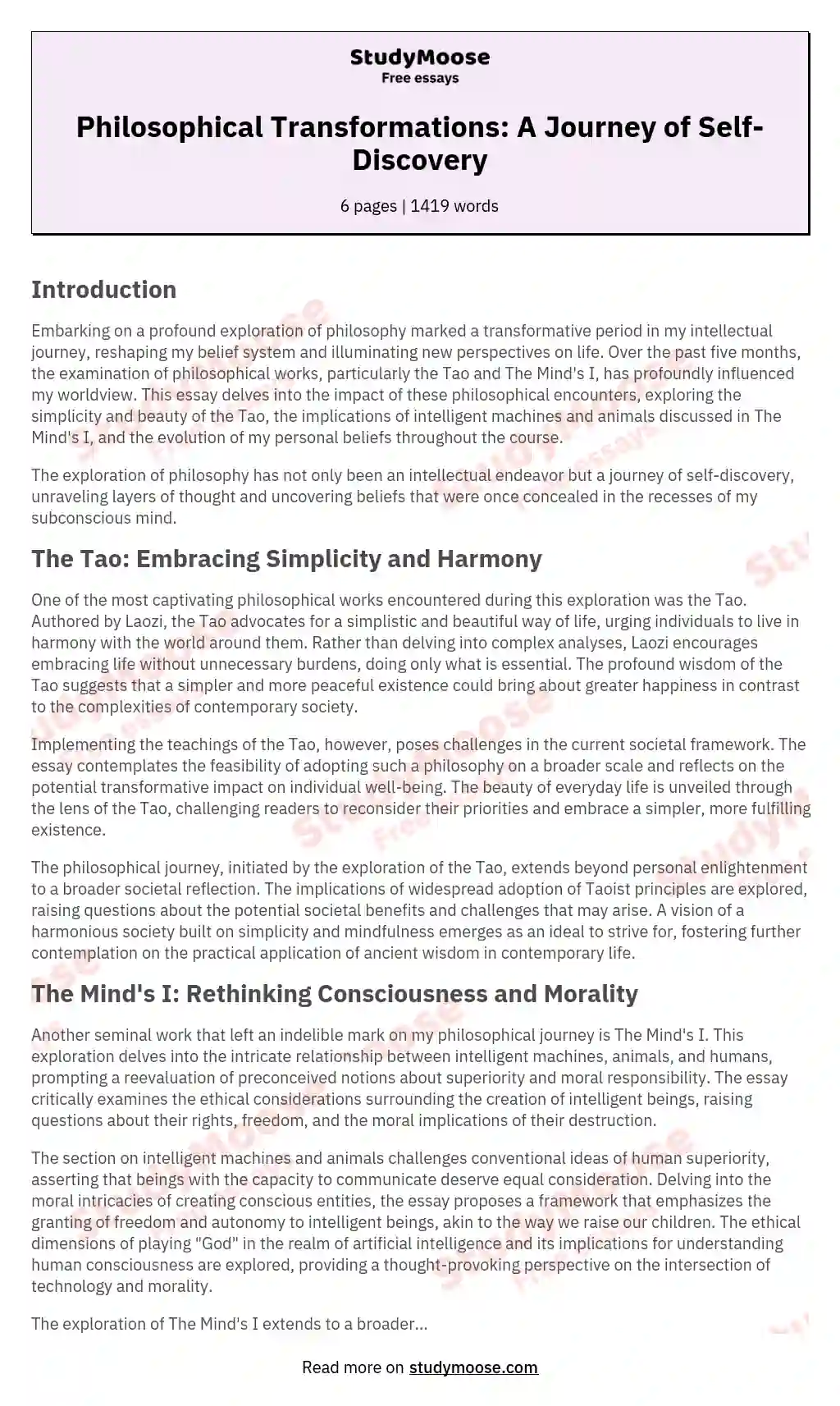 Philosophical Transformations A Journey Of Self Discovery Free Essay 