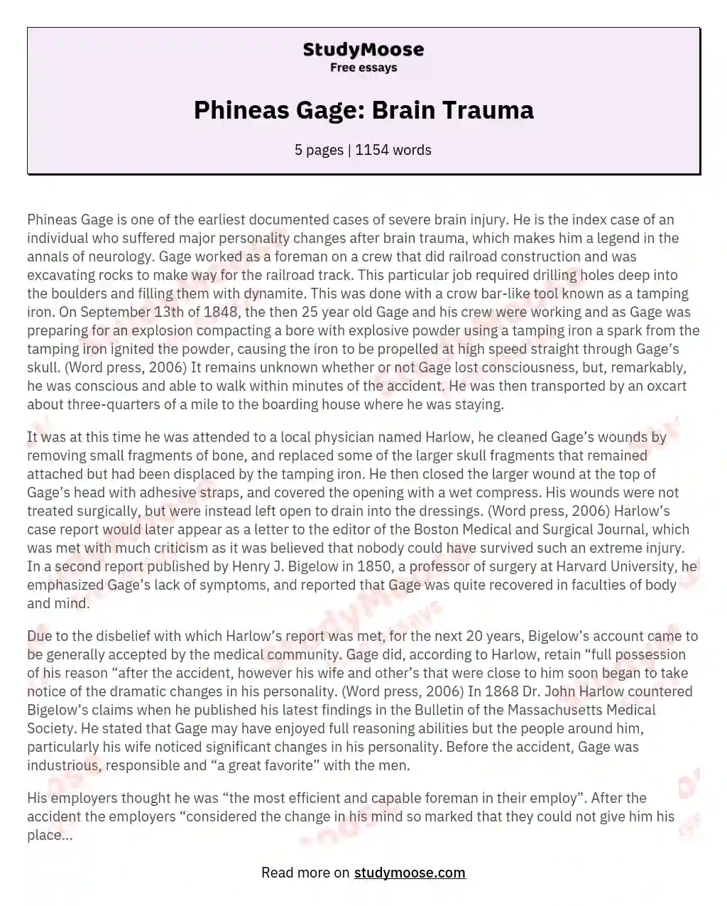Phineas Gage: Brain Trauma essay