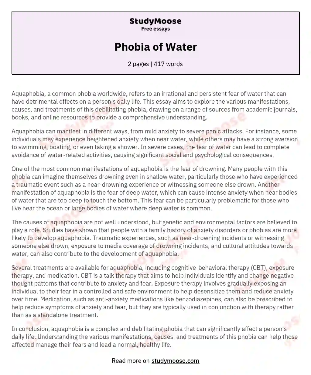 Phobia of Water essay