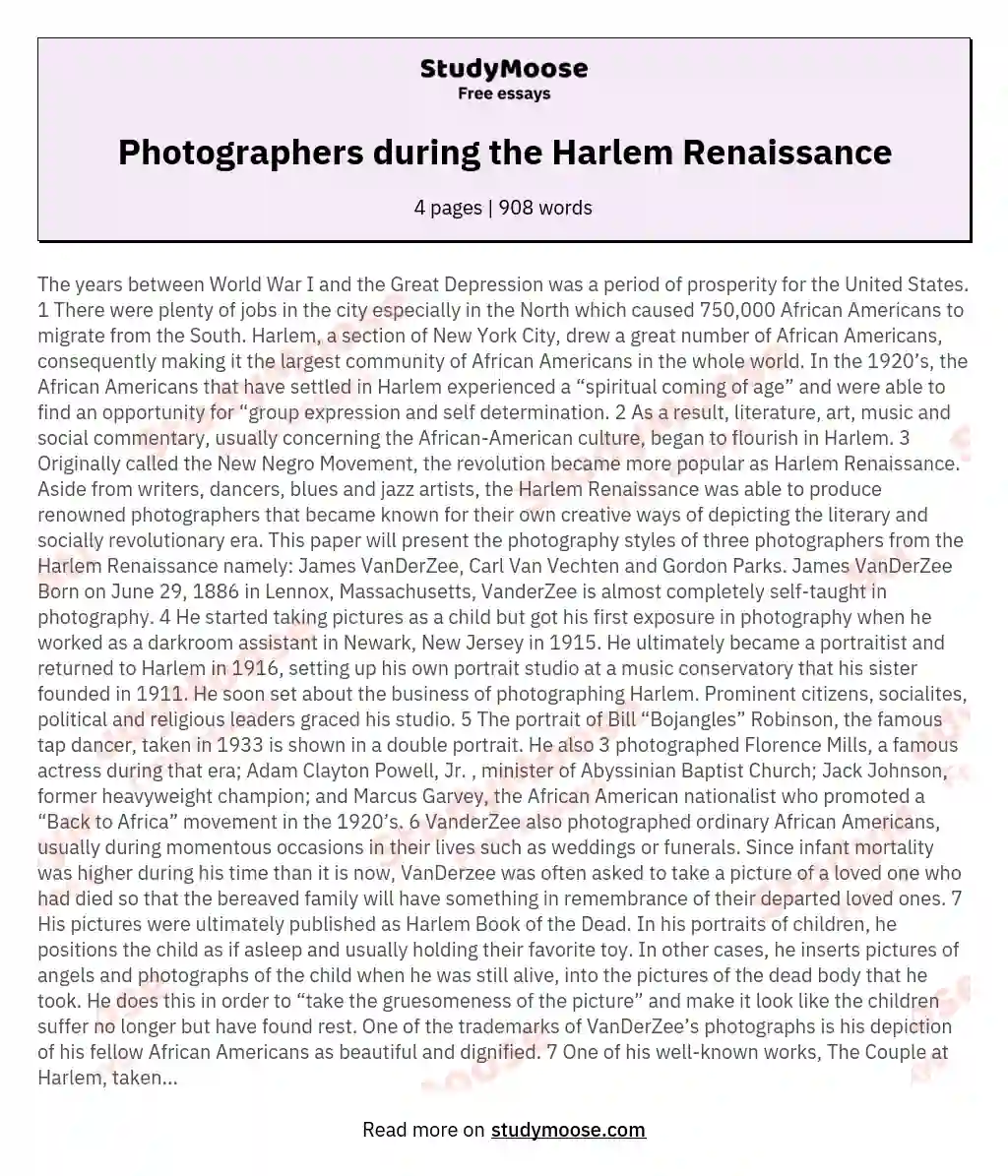 Photographers during the Harlem Renaissance essay