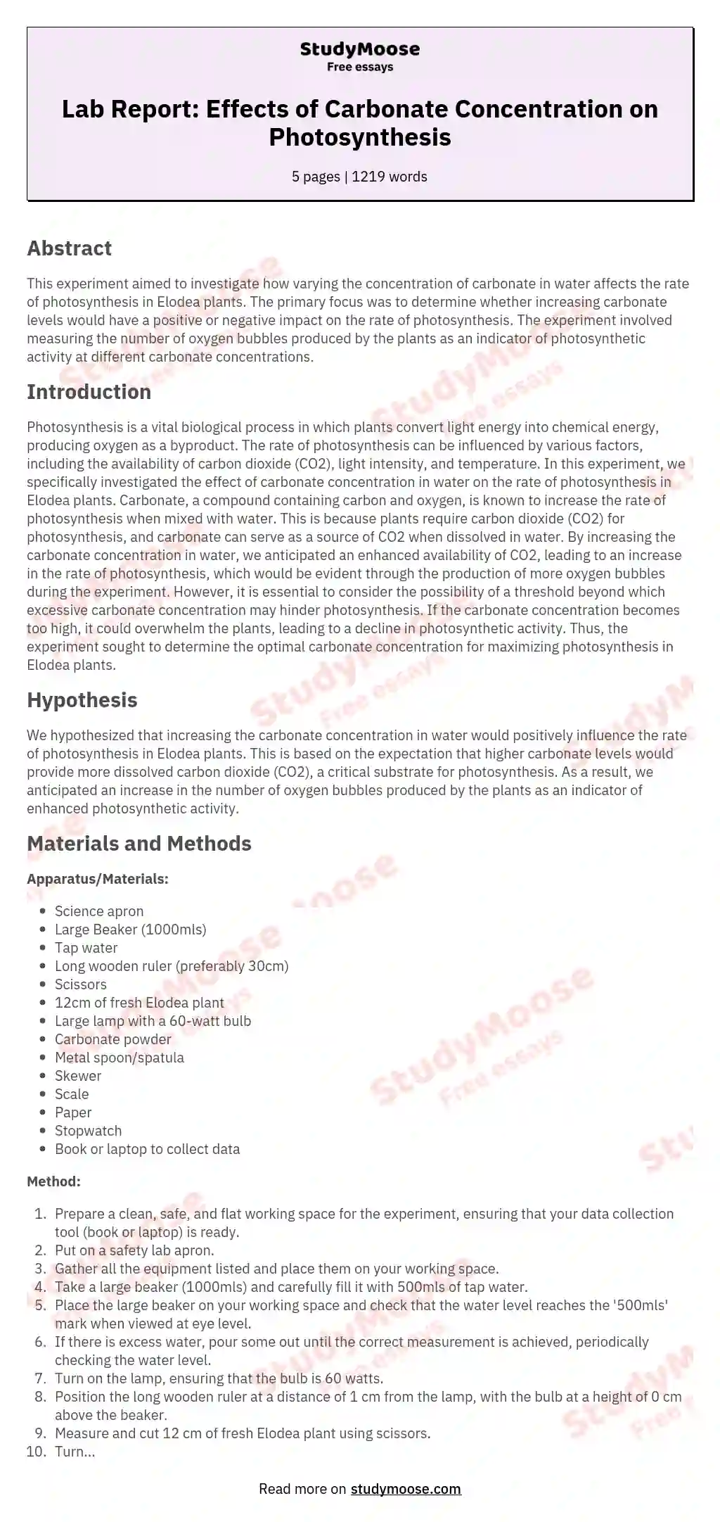 Lab Report: Effects of Carbonate Concentration on Photosynthesis essay