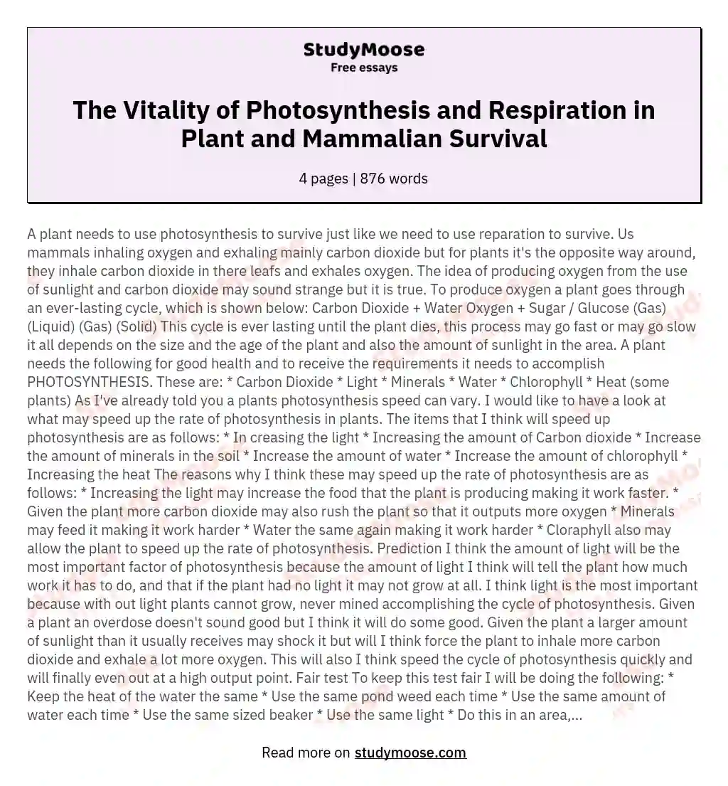The Vitality of Photosynthesis and Respiration in Plant and Mammalian Survival essay
