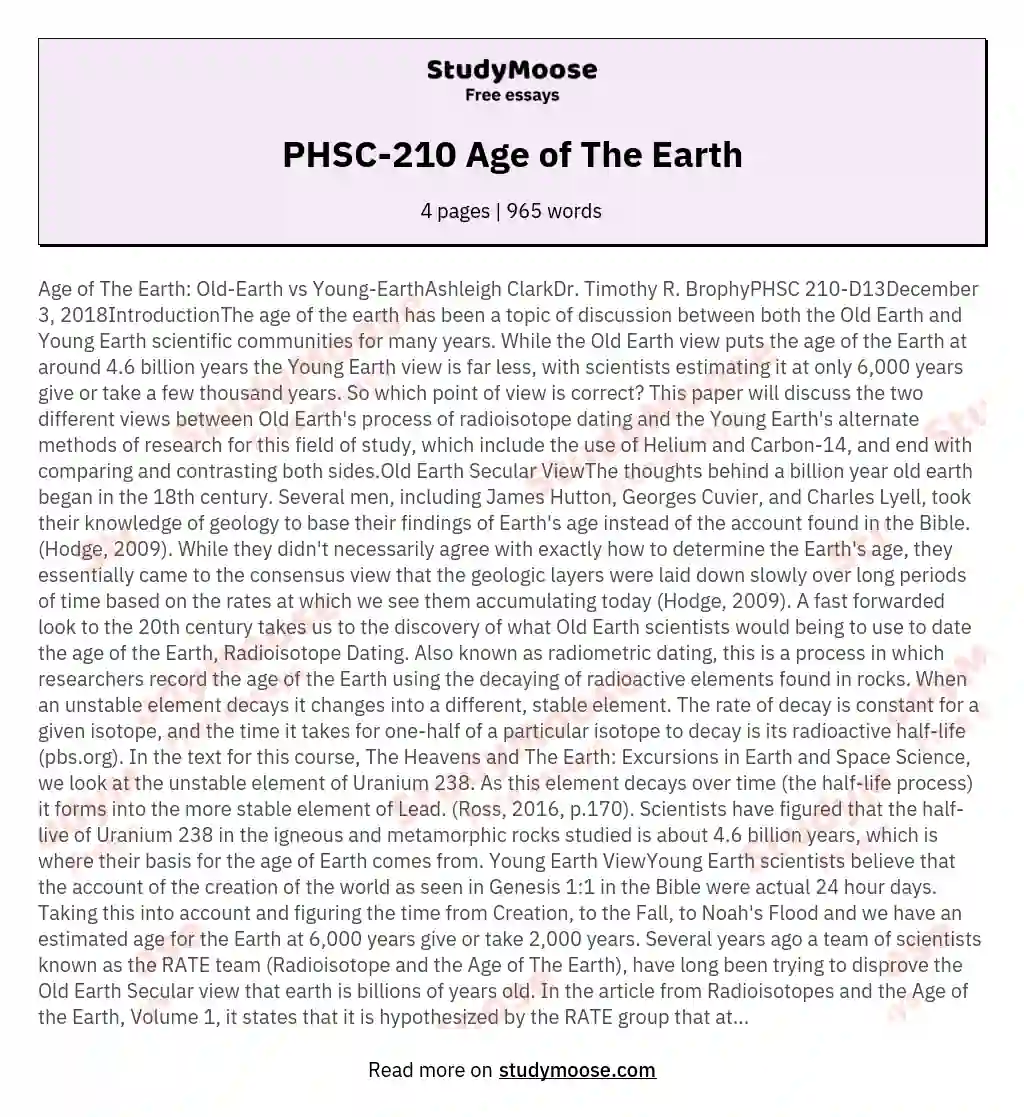 PHSC-210 Age of The Earth essay