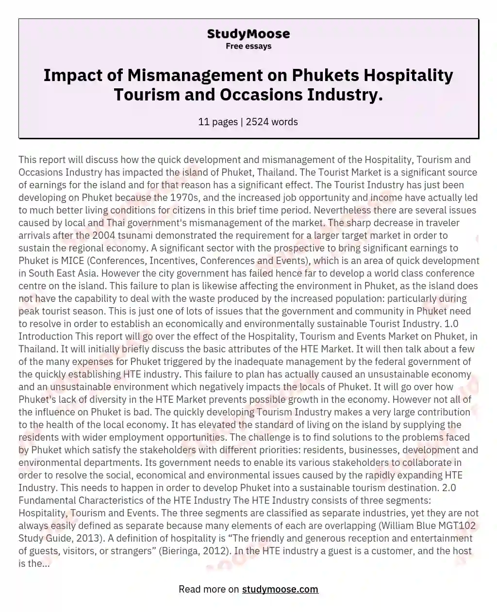 Impact of Mismanagement on Phukets Hospitality Tourism and Occasions Industry. essay
