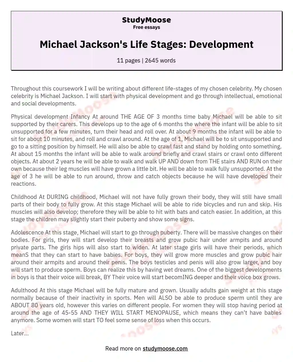 Michael Jackson's Life Stages: Development essay