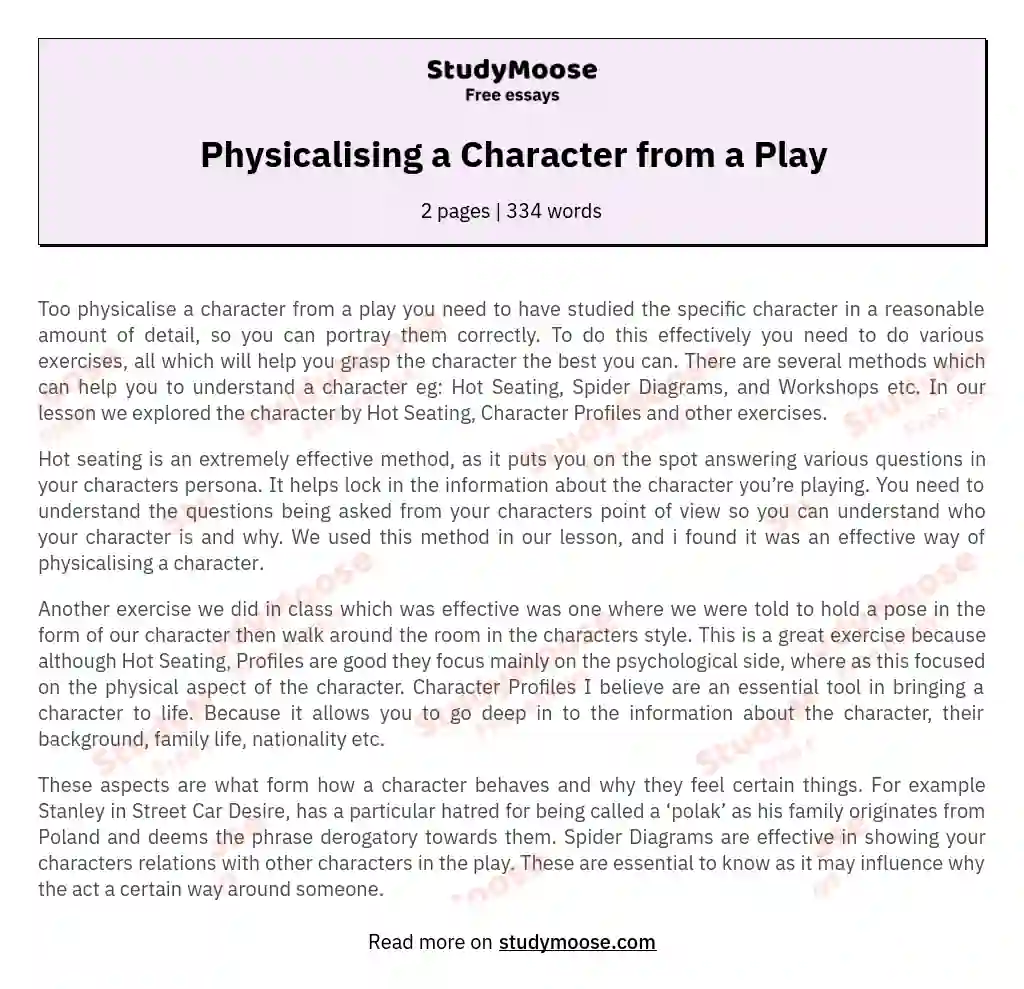 Physicalising a Character from a Play essay