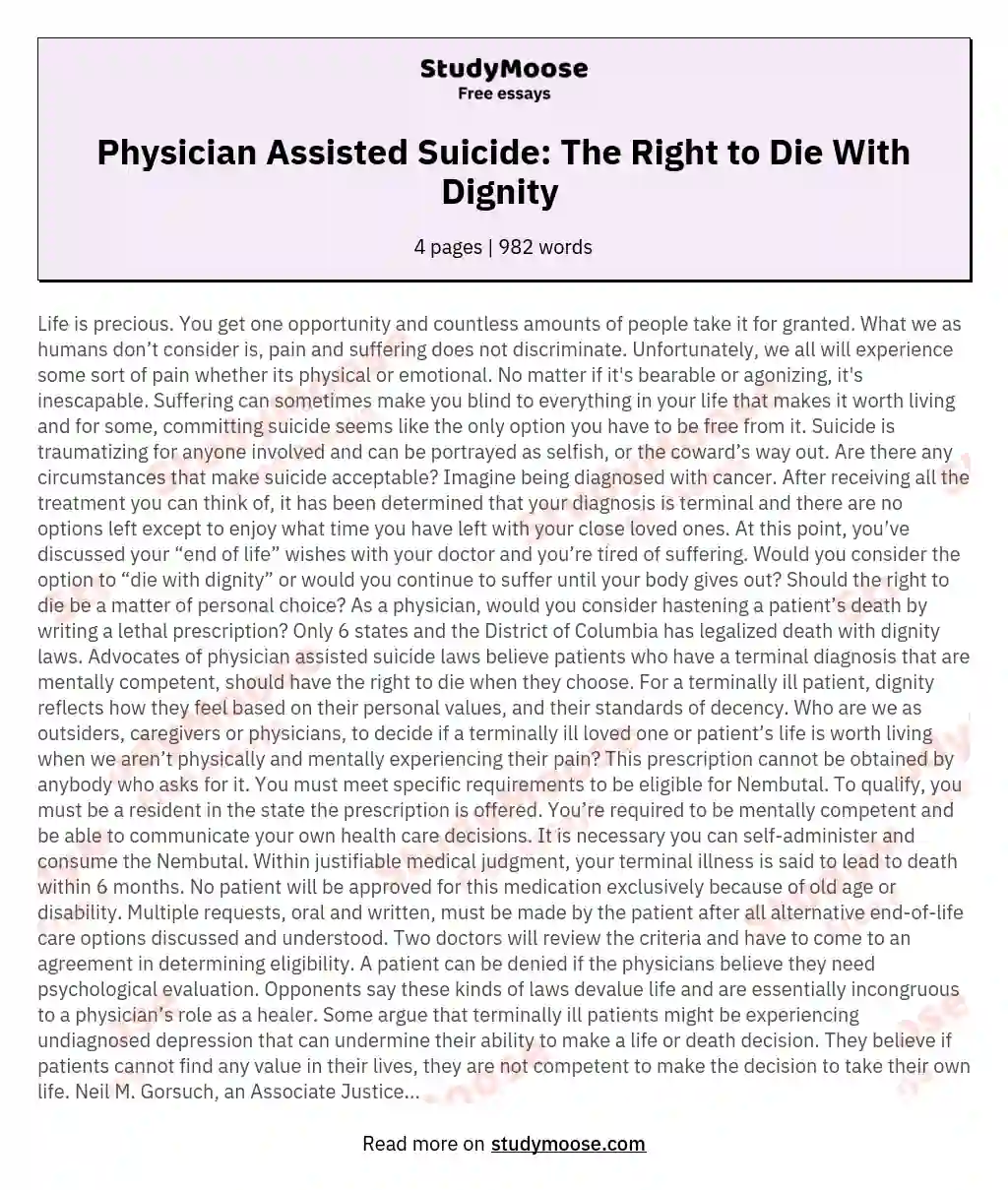 Physician Assisted Suicide: The Right to Die With Dignity 