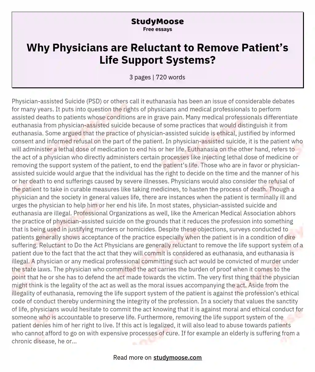 Why Physicians are Reluctant to Remove Patient’s Life Support Systems? essay