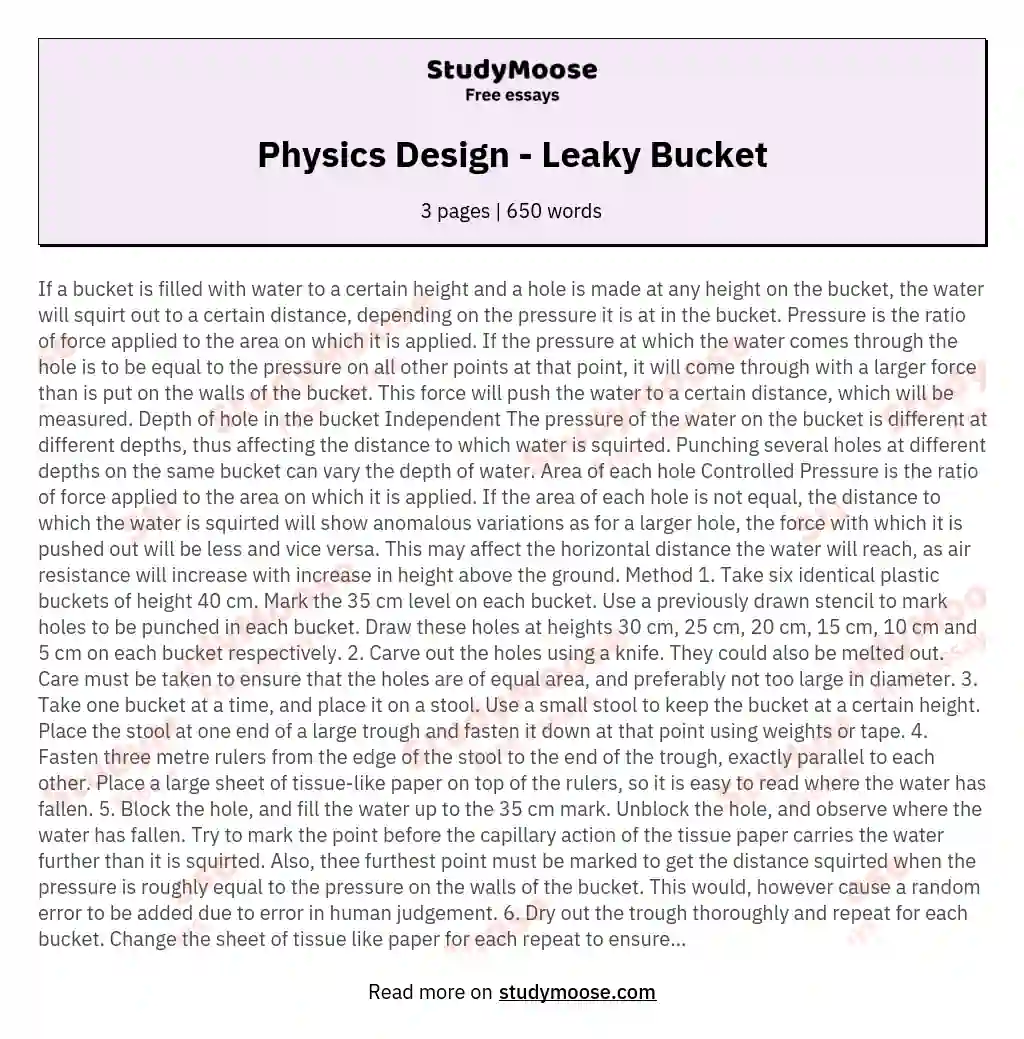 Physics Design - Leaky Bucket essay