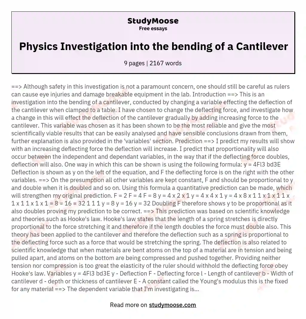 Physics Investigation into the bending of a Cantilever essay