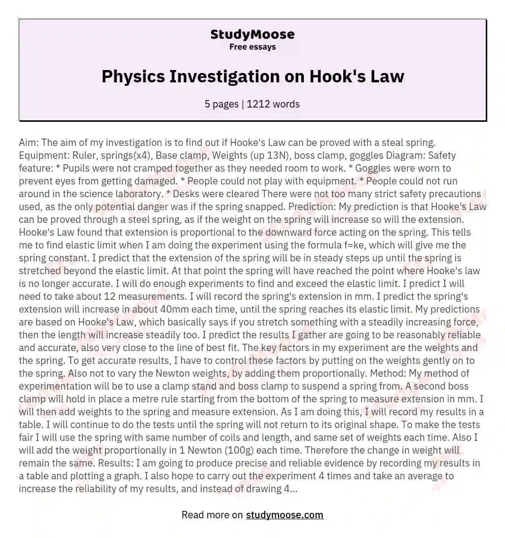 Physics Investigation on Hook's Law essay