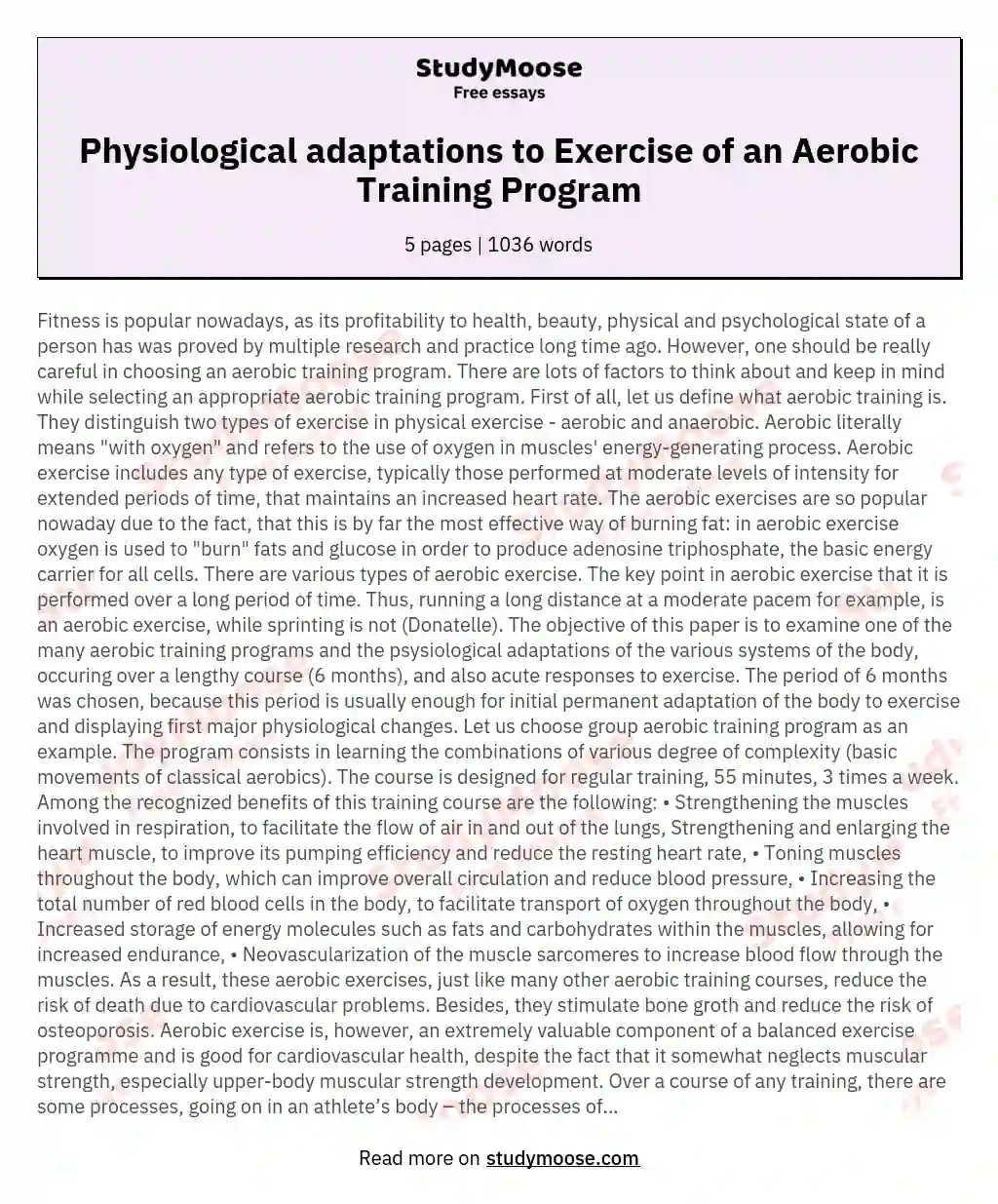 Physiological adaptations to Exercise of an Aerobic Training Program essay