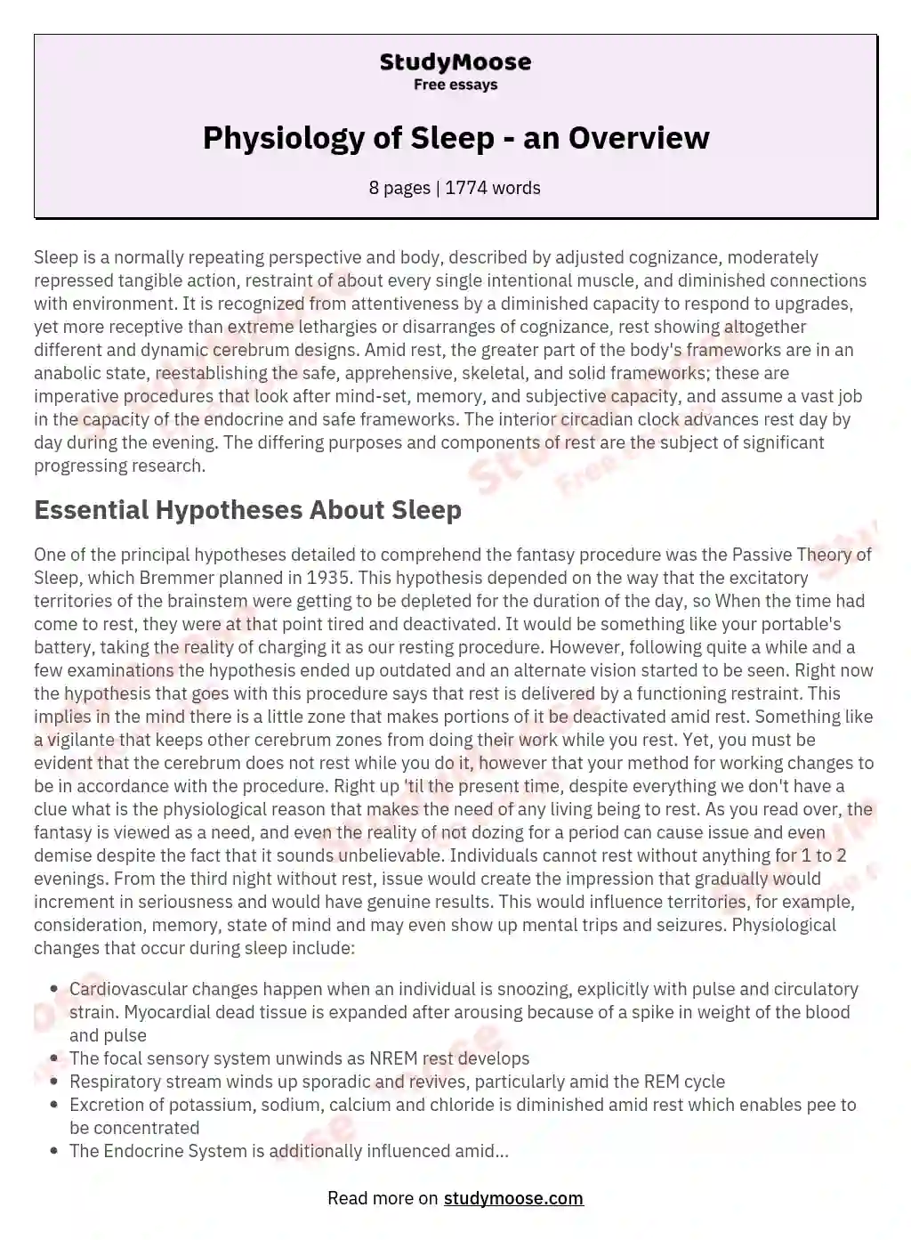 Physiology of Sleep - an Overview essay