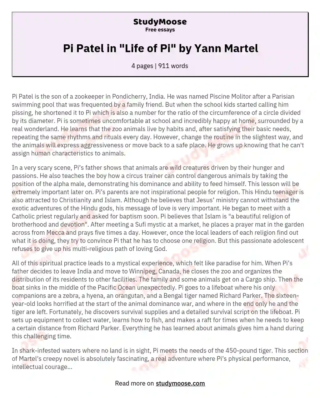 Pi Patel in "Life of Pi" by Yann Martel