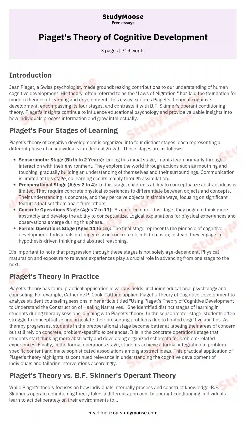 Piaget's Theory of Cognitive Development essay