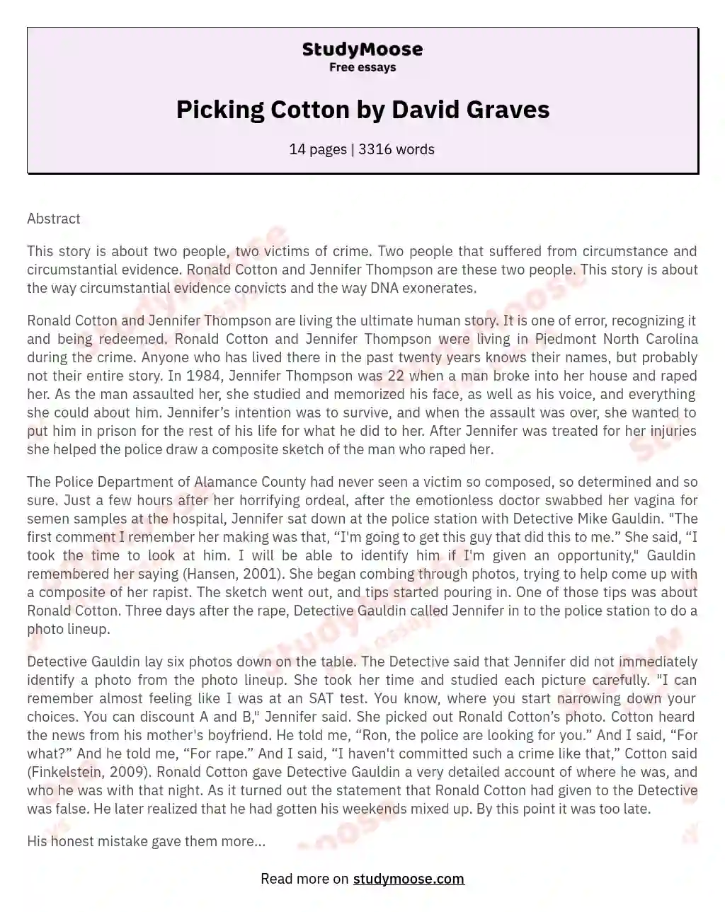 Picking Cotton by David Graves essay