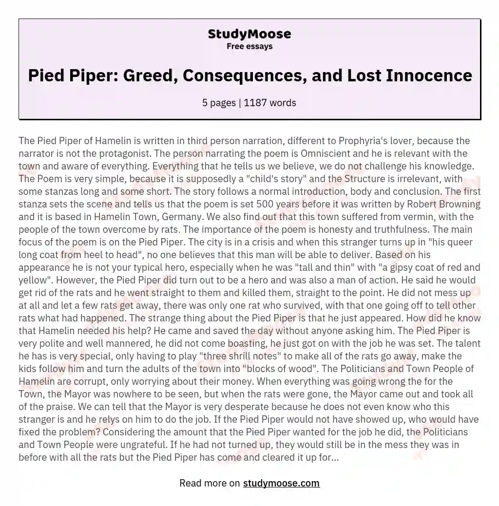 Pied Piper: Greed, Consequences, and Lost Innocence essay