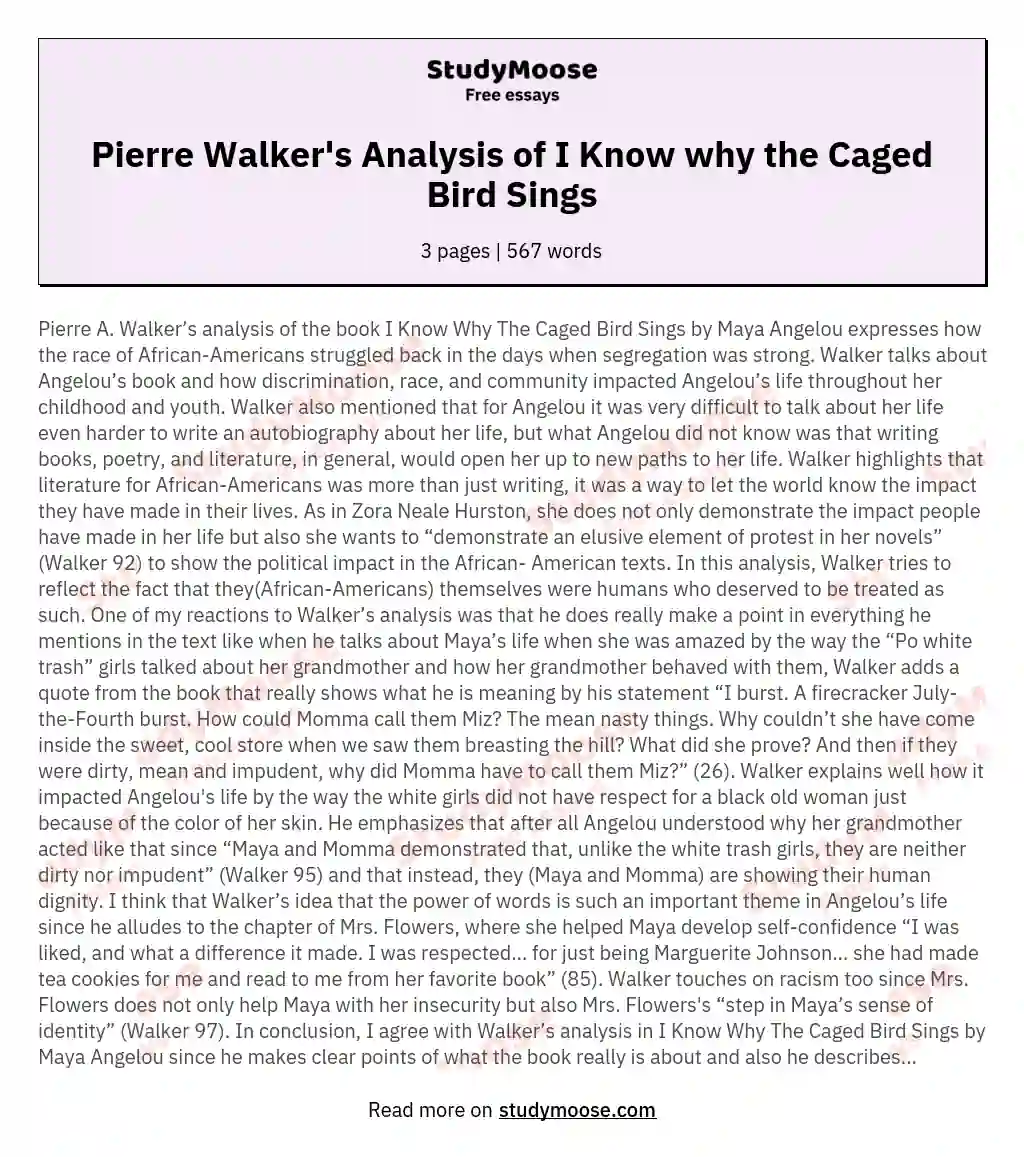 Pierre Walker's Analysis of I Know why the Caged Bird Sings essay