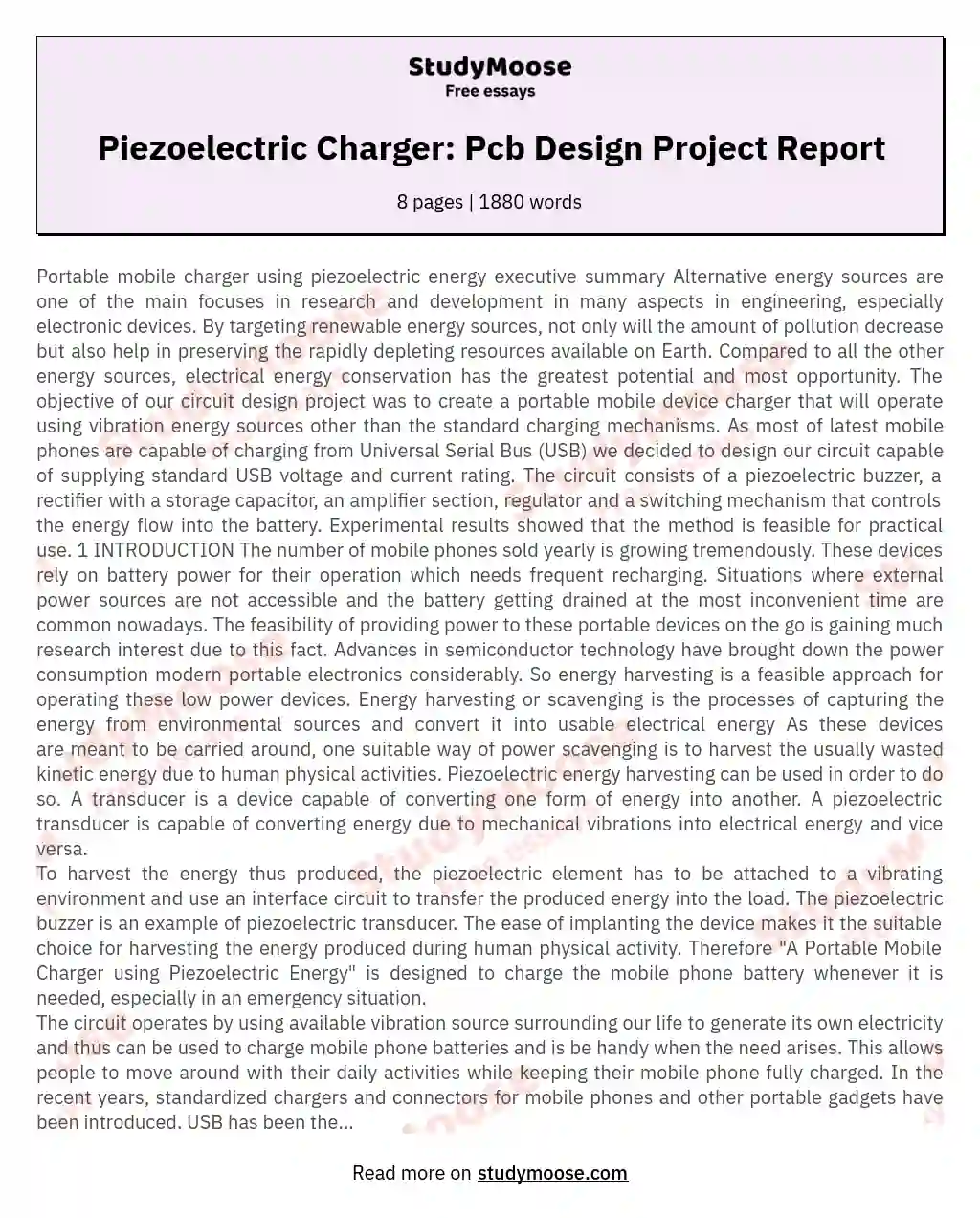 Piezoelectric Charger: Pcb Design Project Report essay
