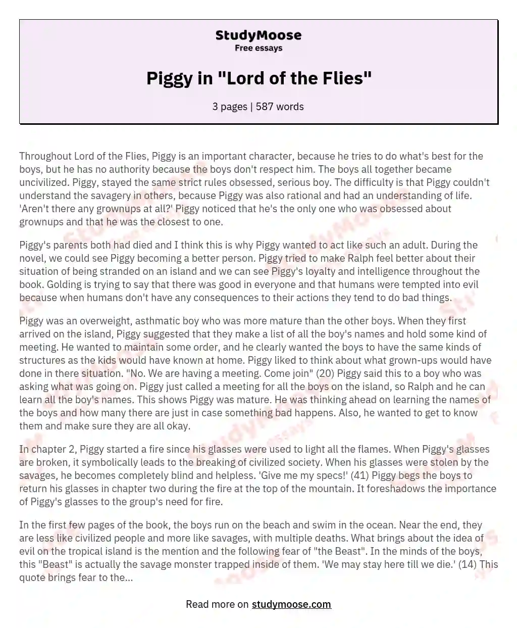 Piggy in "Lord of the Flies" essay