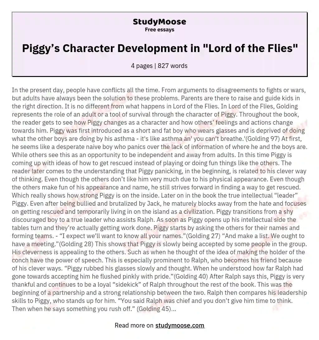 Piggy’s Character Development in "Lord of the Flies" essay