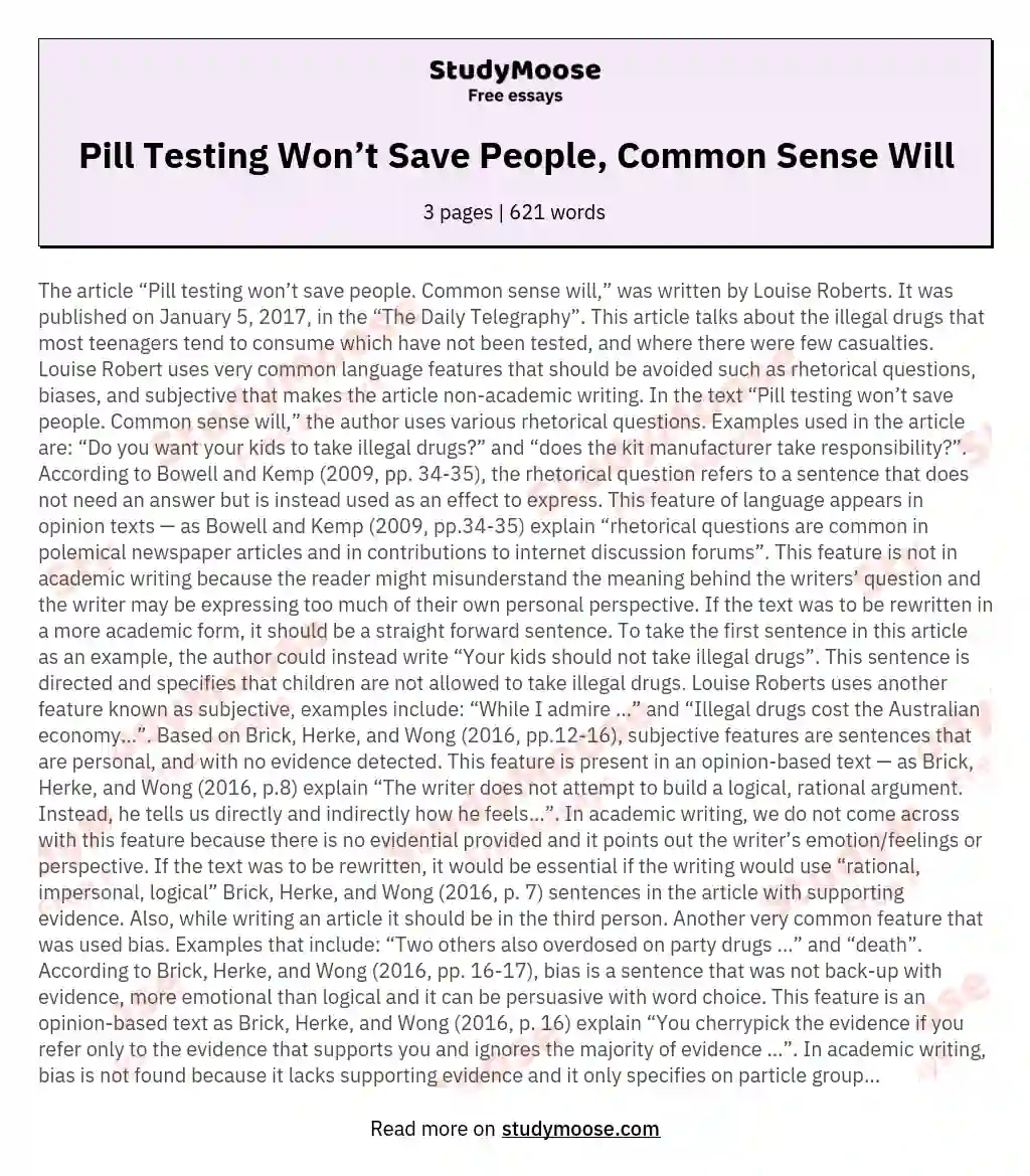 Pill Testing Won’t Save People, Common Sense Will essay