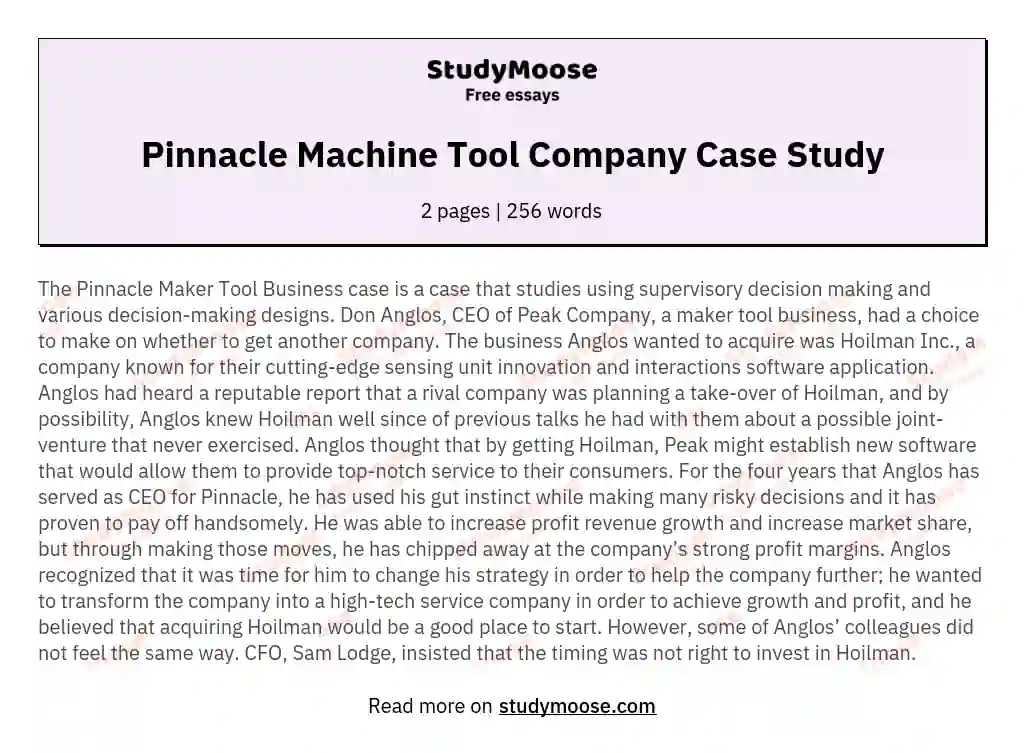 Pinnacle Machine Tool Company Case Study