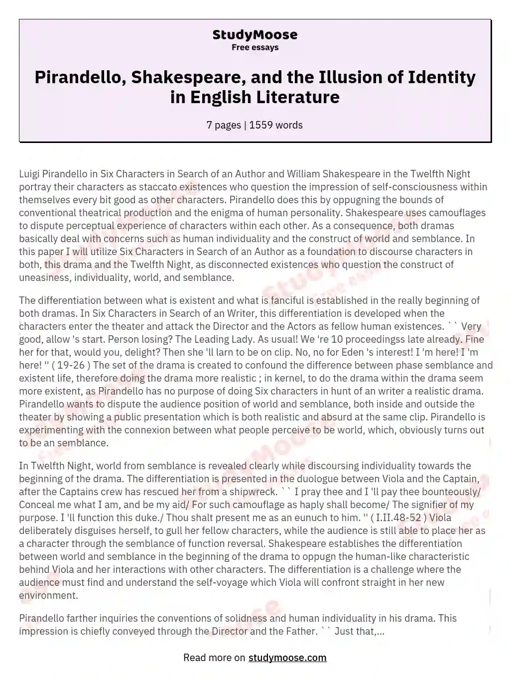 Pirandello, Shakespeare, and the Illusion of Identity in English Literature essay
