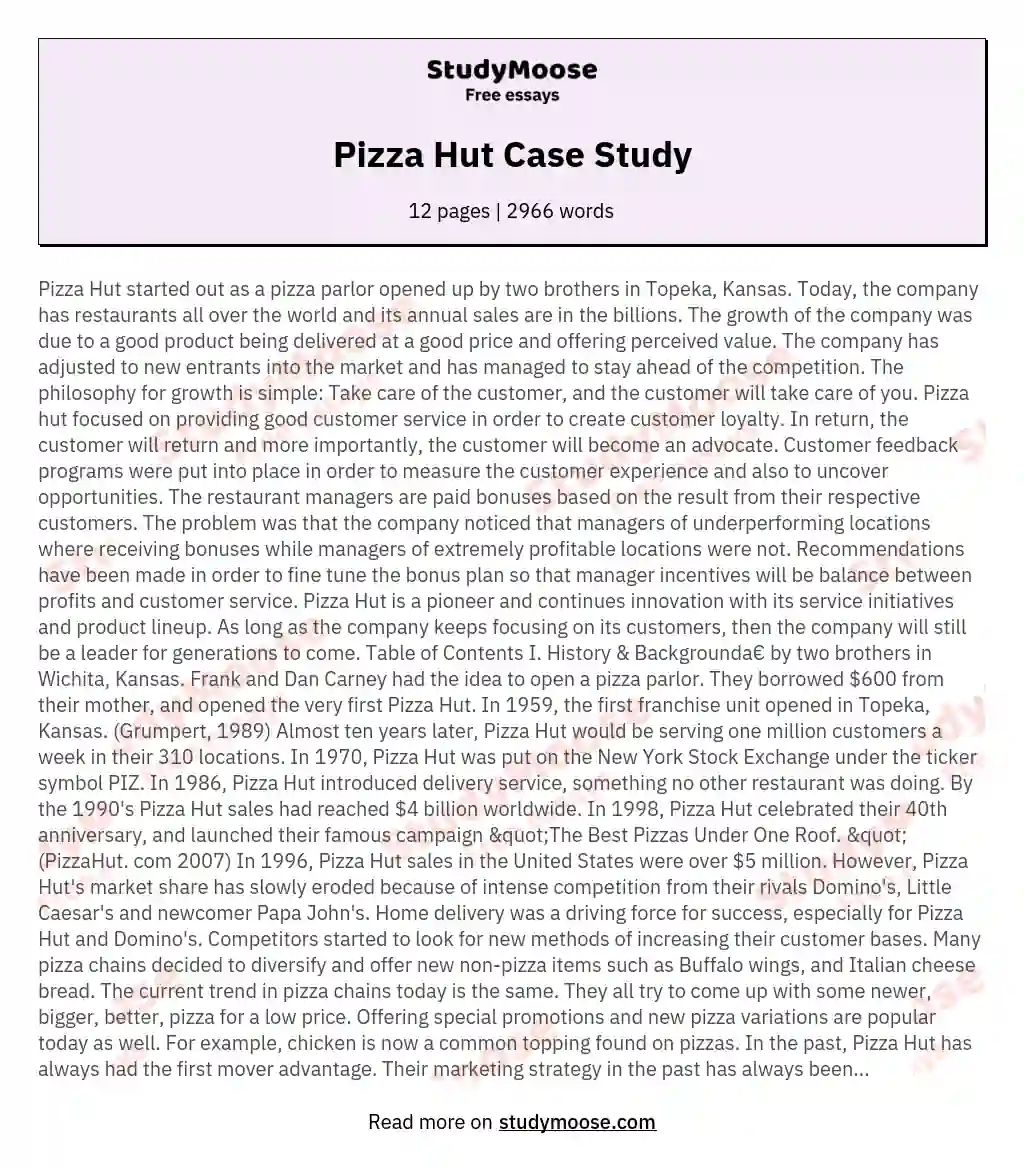 Pizza Hut Case Study essay