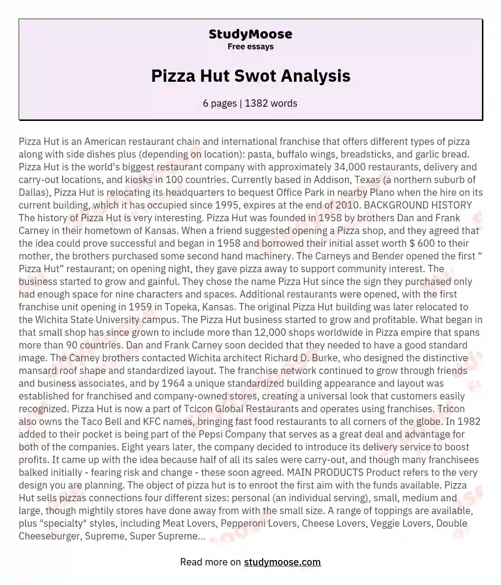 Pizza Hut Swot Analysis essay