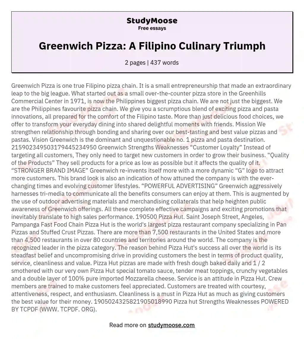 Greenwich Pizza: A Filipino Culinary Triumph essay