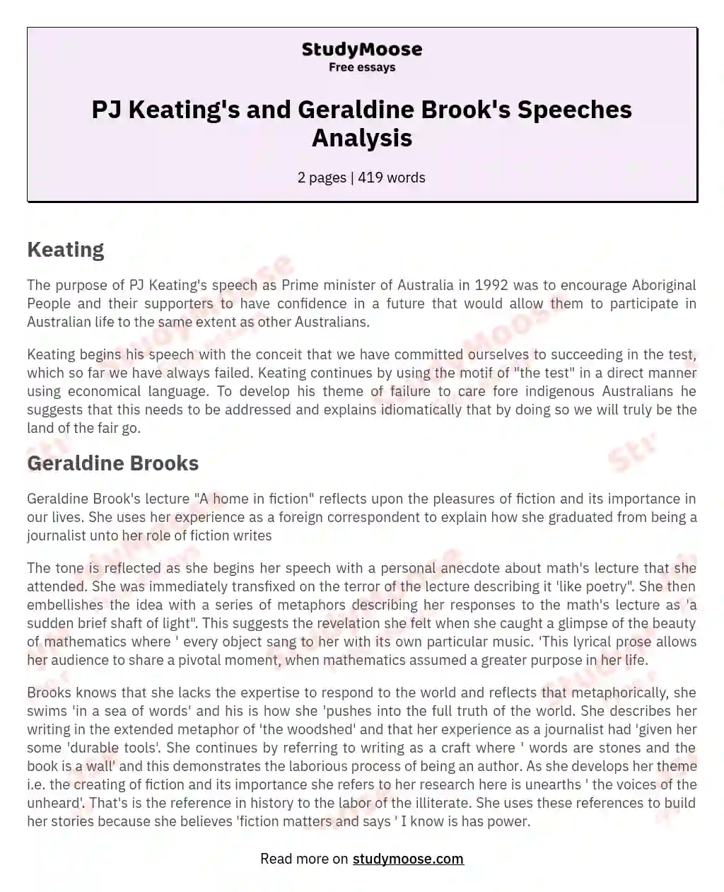 PJ Keating's and Geraldine Brook's Speeches Analysis essay