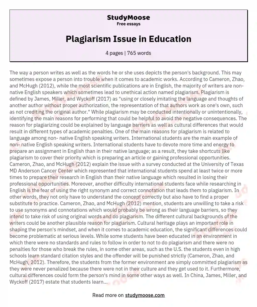 Plagiarism Issue in Education essay