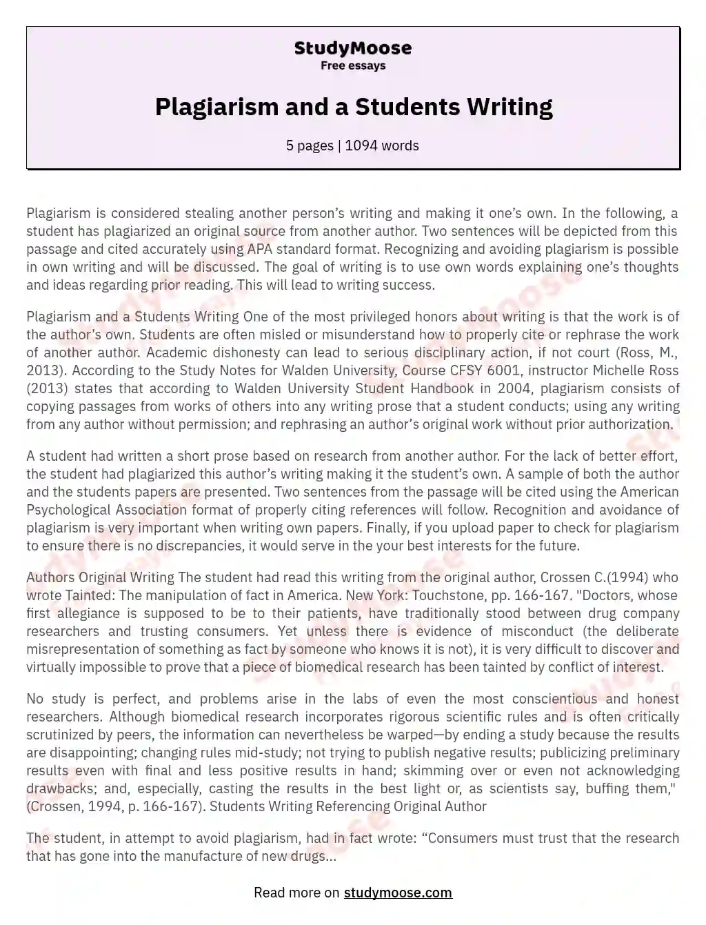 Plagiarism and a Students Writing