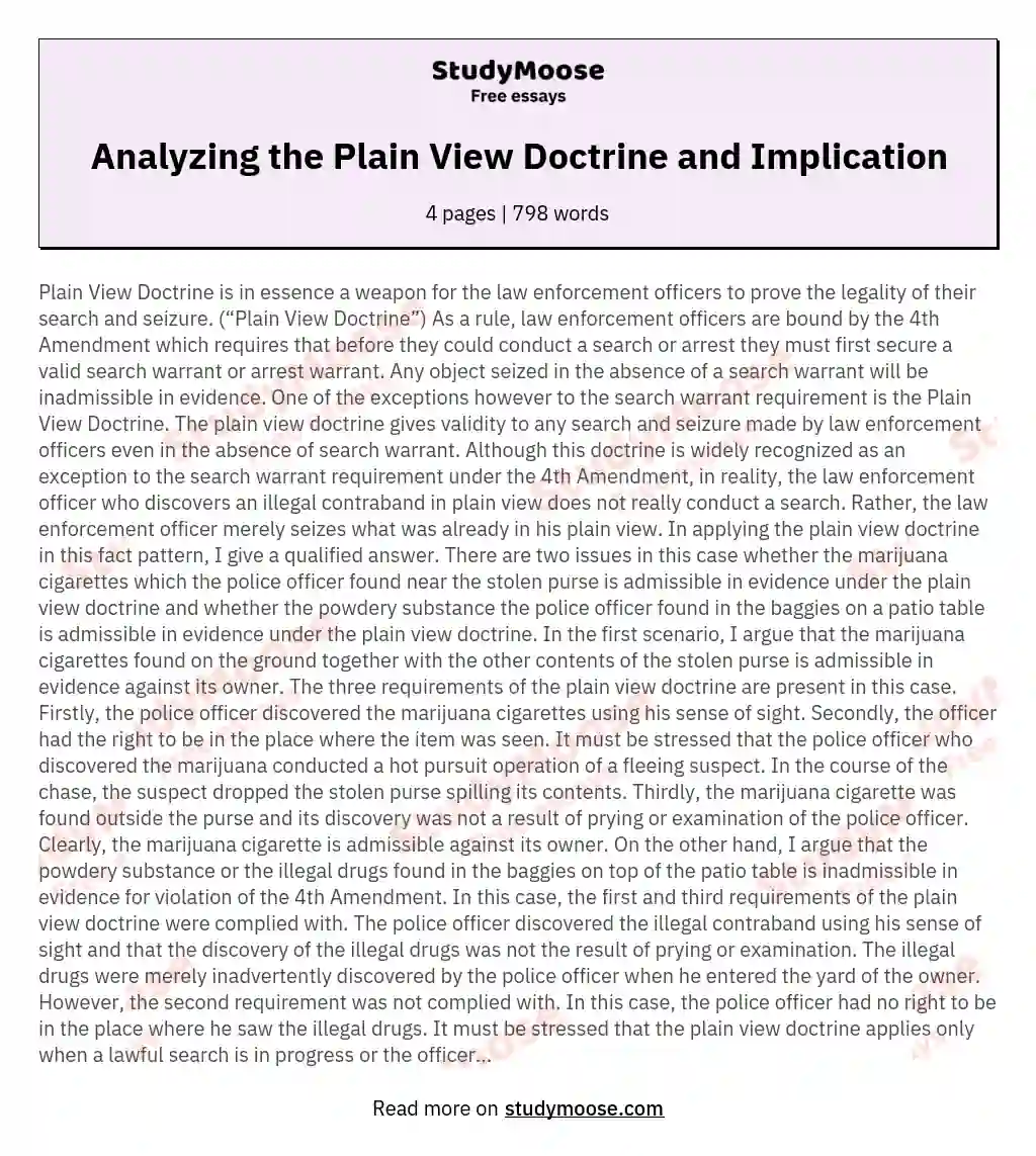Analyzing the Plain View Doctrine and Implication essay