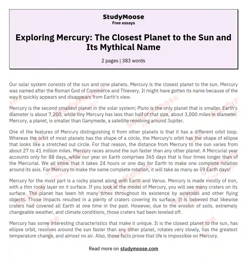 Exploring Mercury: The Closest Planet to the Sun and Its Mythical Name essay