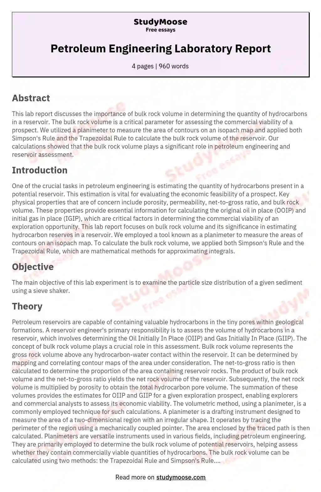 Petroleum Engineering Laboratory Report essay