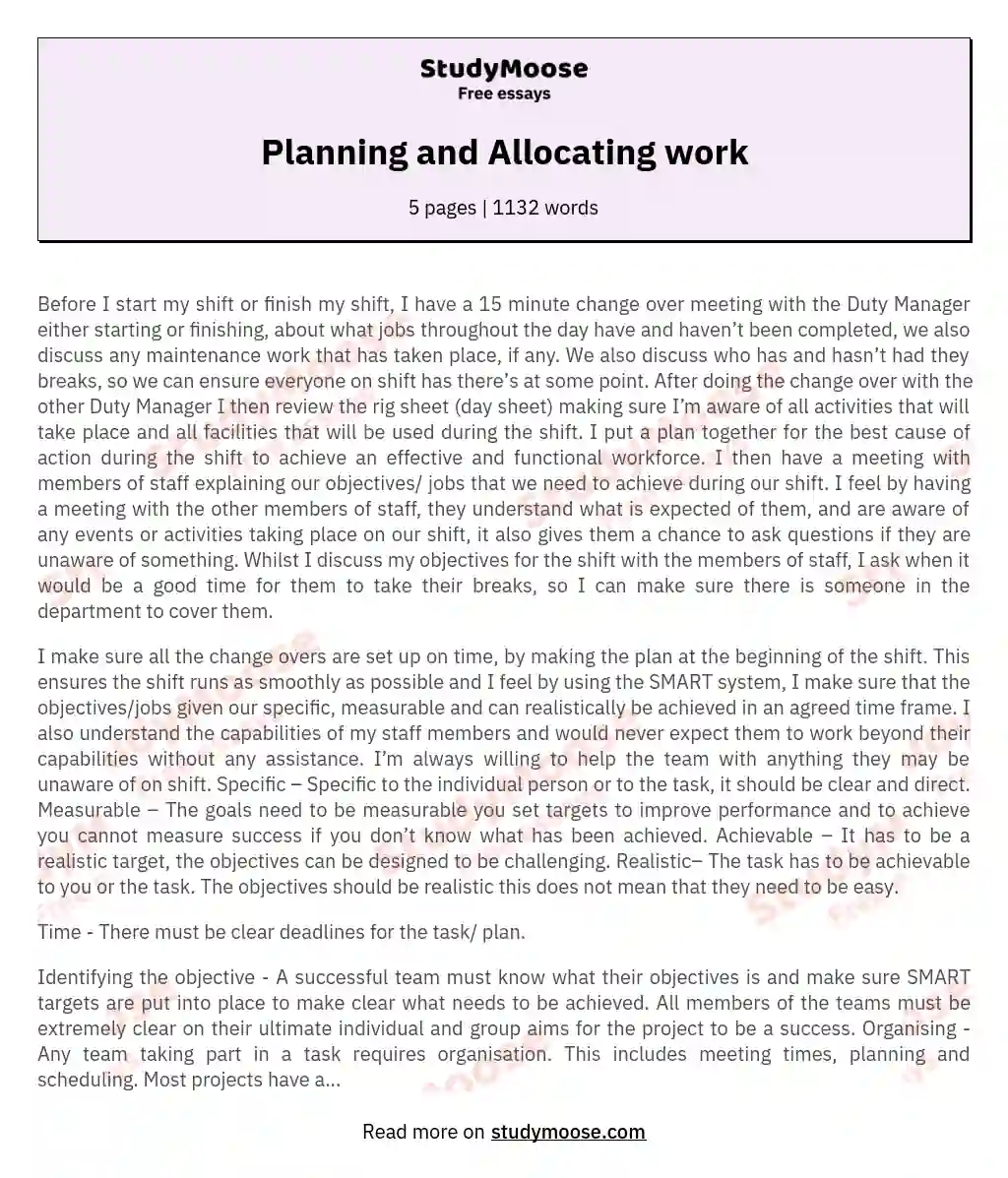 Planning and Allocating work essay