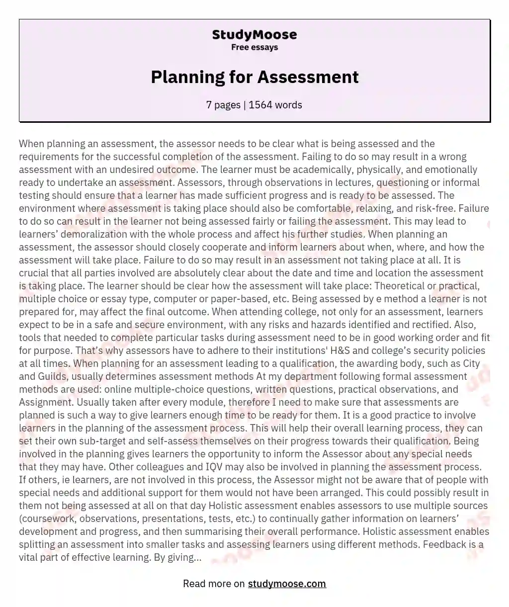 Planning for Assessment essay