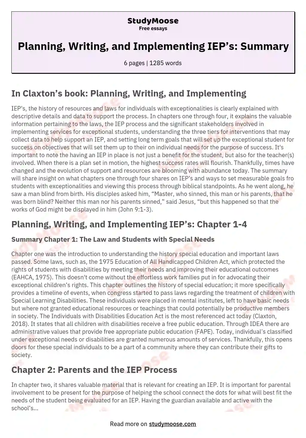 Planning, Writing, and Implementing IEP’s: Summary essay