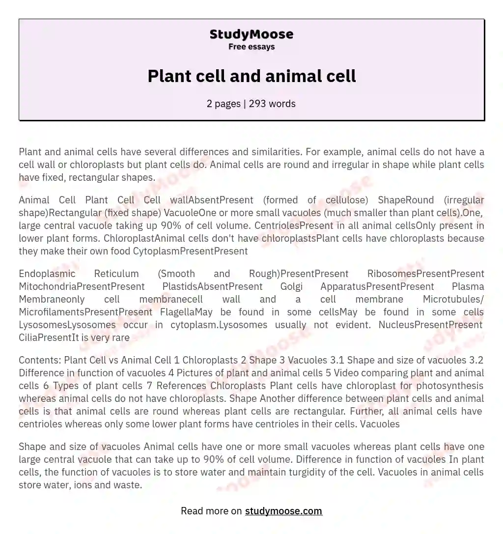 Compare and Contrast Plant and Animal Cells Essay - Free Essay Example