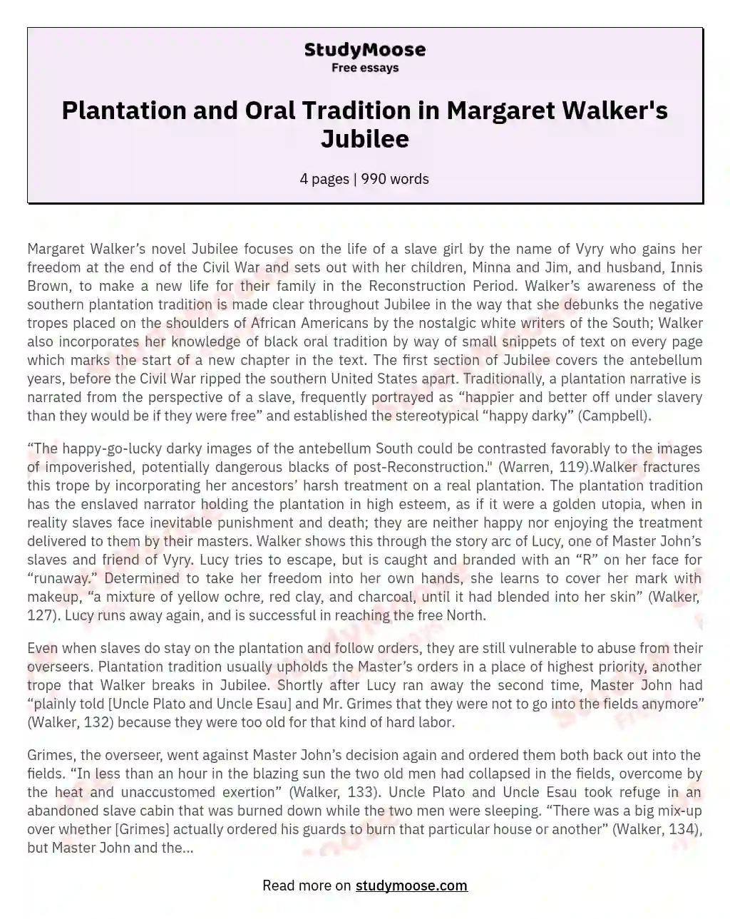 Plantation and Oral Tradition in Margaret Walker's Jubilee