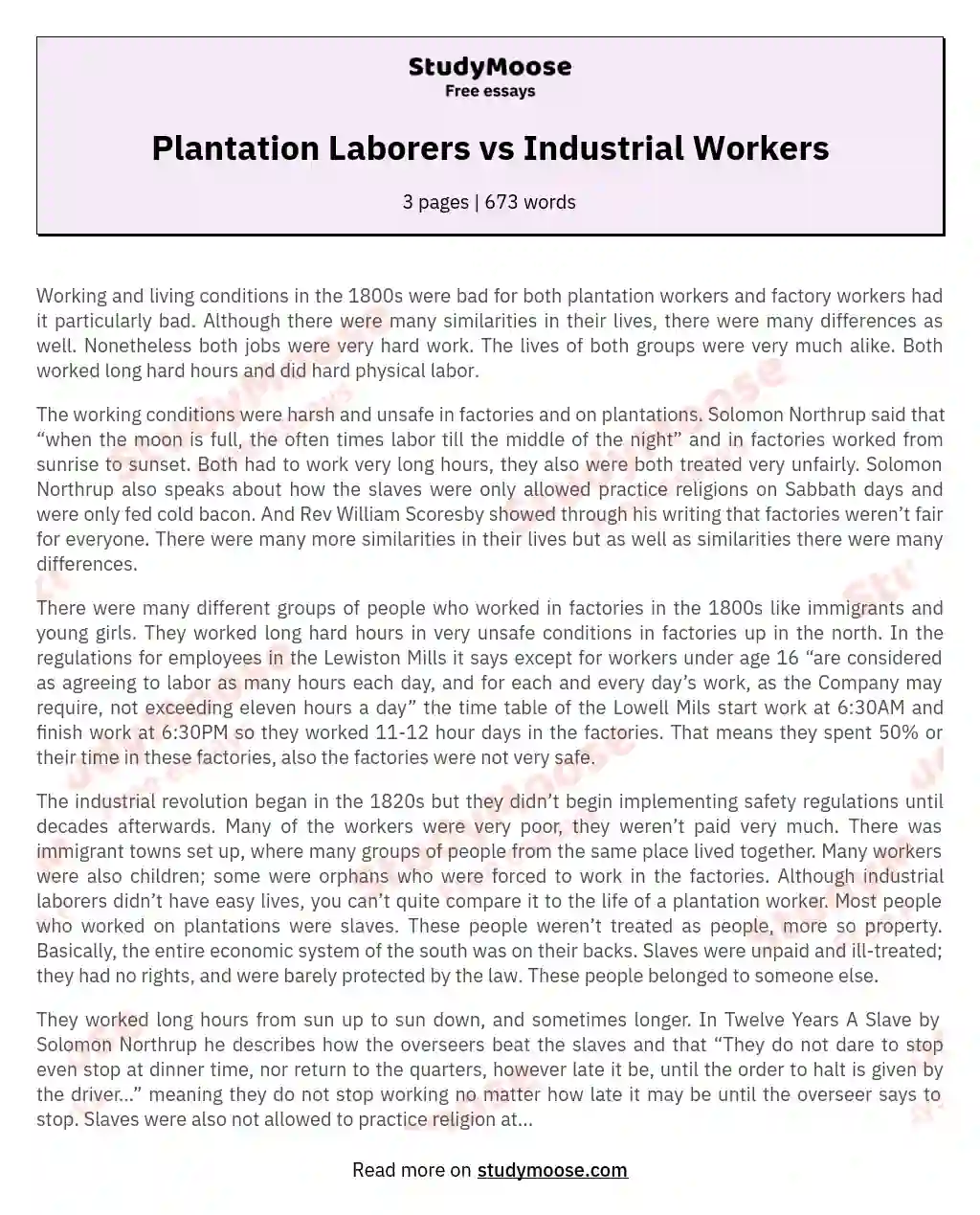 Plantation Laborers vs Industrial Workers