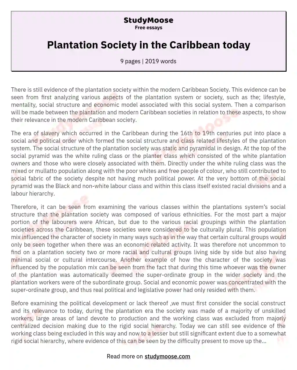 Plantation Society in the Caribbean today essay