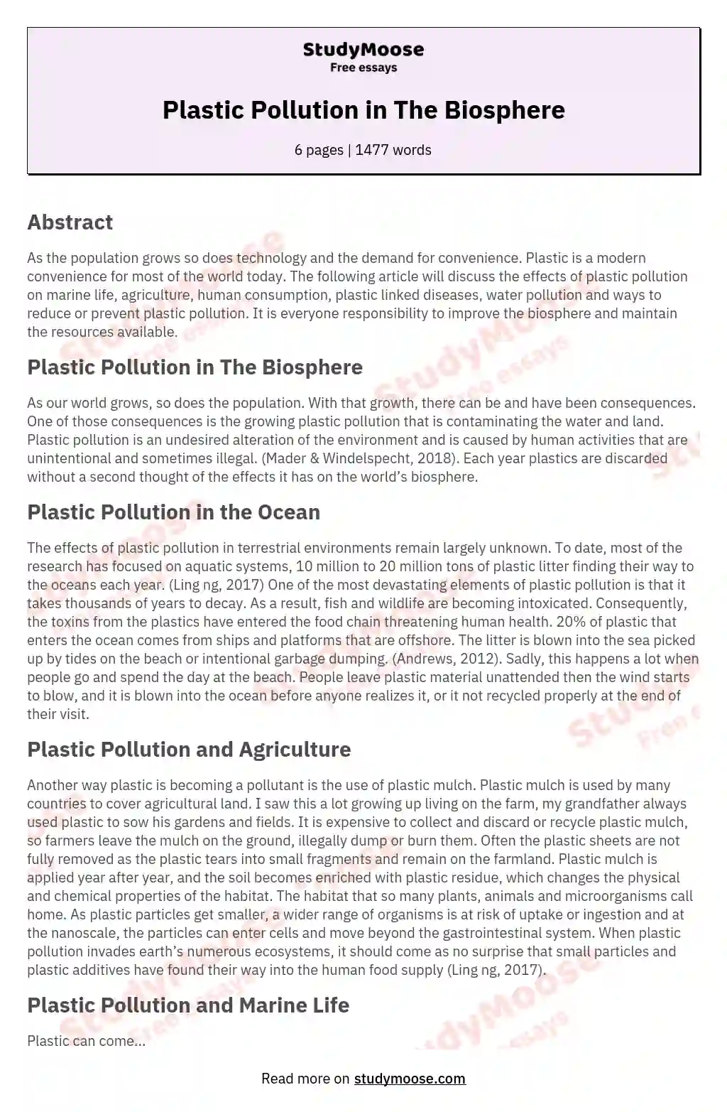 Plastic Pollution in The Biosphere essay