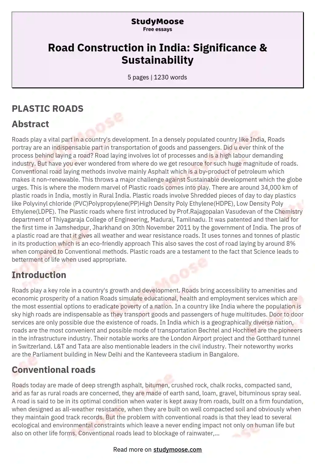 Road Construction in India: Significance & Sustainability essay