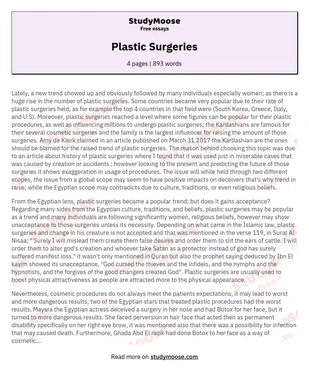 argumentative essay about plastic surgeries