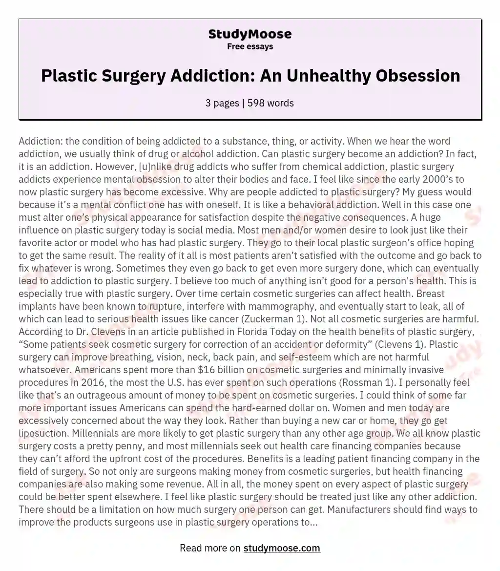 Plastic Surgery Addiction An Unhealthy Obsession Free Essay Example ...