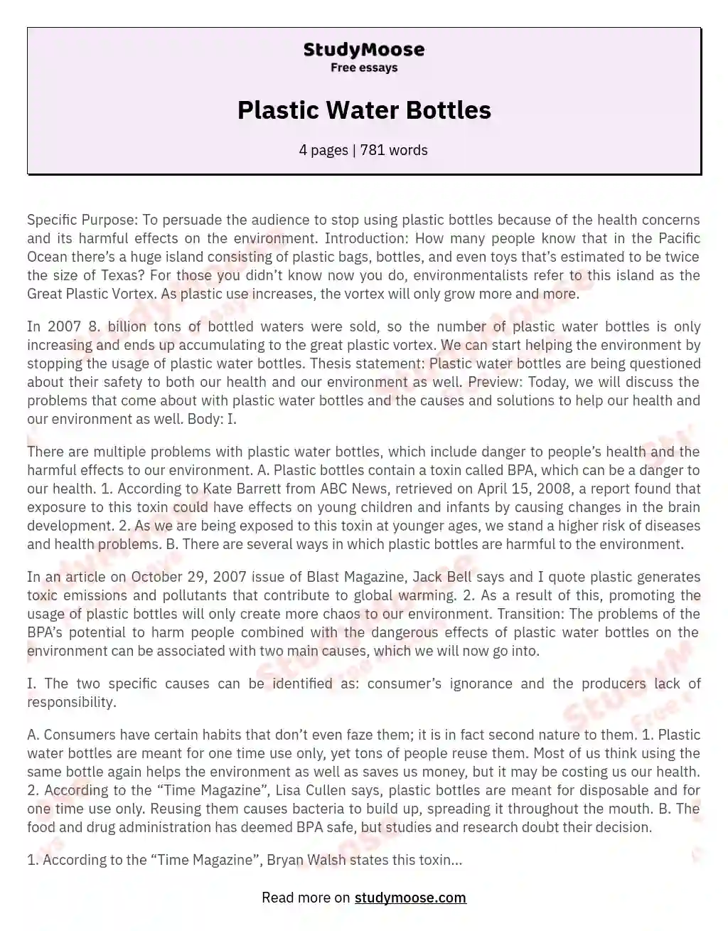 Plastic Water Bottles essay