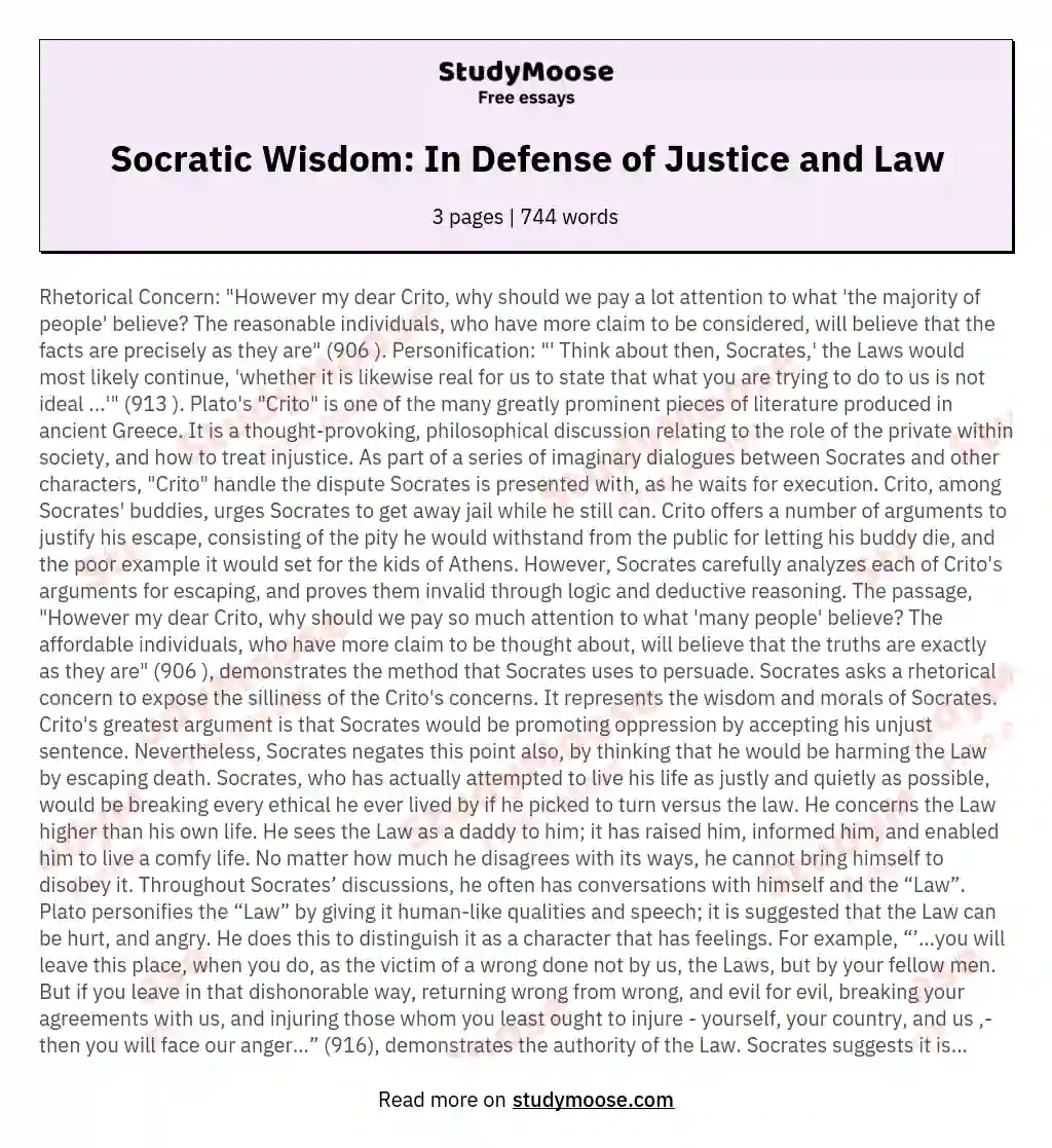 Socratic Wisdom: In Defense of Justice and Law essay